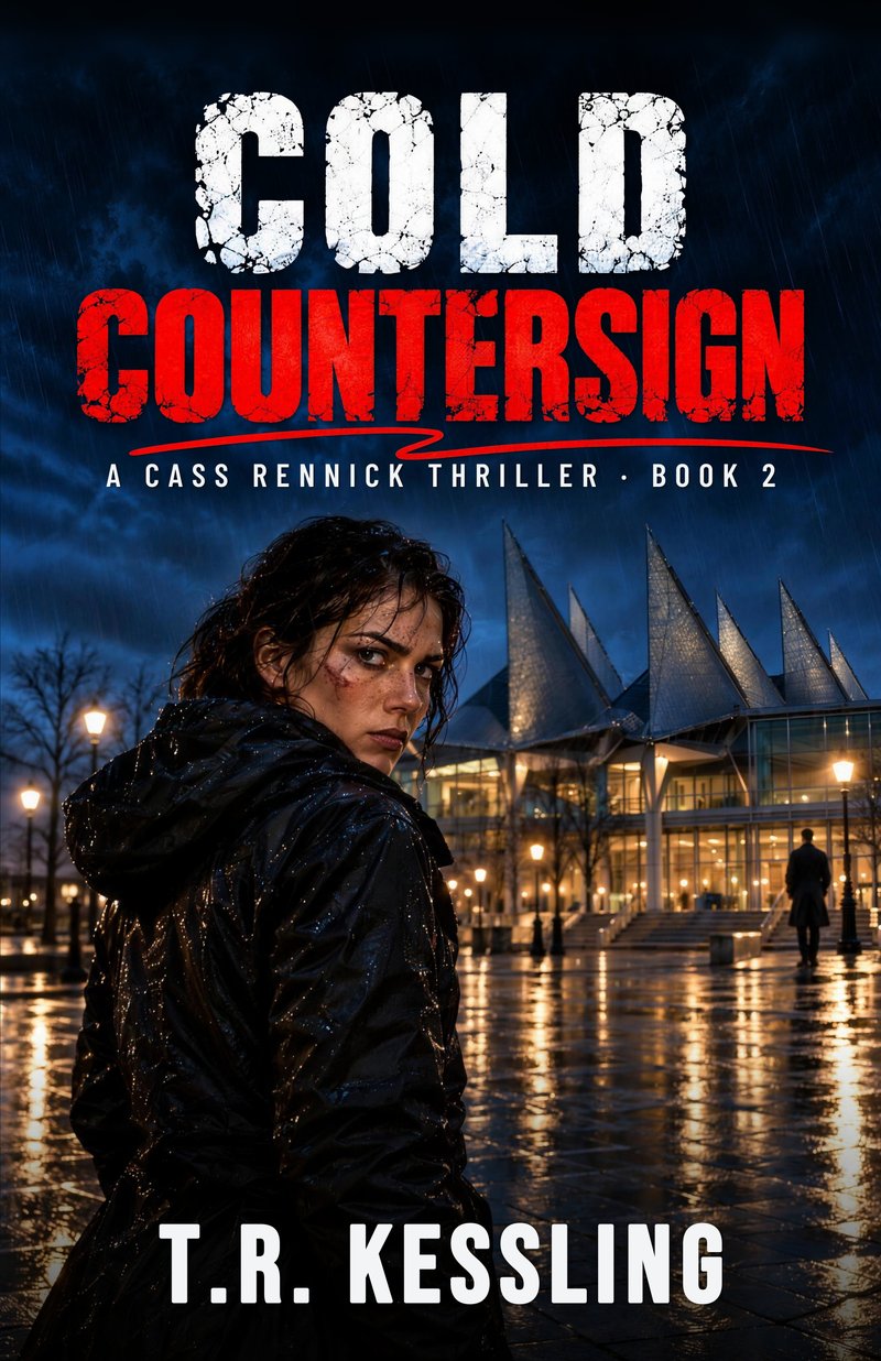 Cold Countersign cover: a woman on a rain-soaked square before a lit courts building
