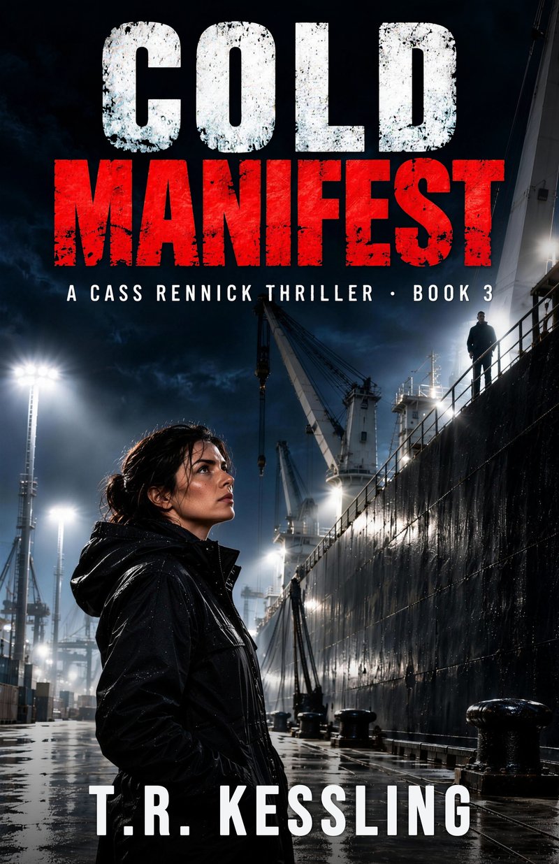 Cold Manifest cover: a woman on a night quay beside a cargo ship under port cranes